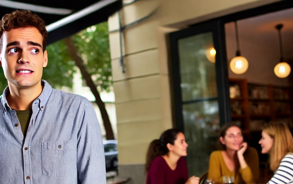 DALL·E 2024-08-31 18.30.14 - A young man standing near a café, looking hesitant and slightly nervous. He is glancing towards a group of women sitting at a table nearby, as if cont.jpg