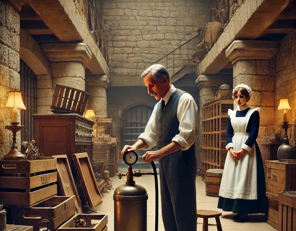 DALL·E 2025-04-29 00.20.24 - A charming and realistic scene set inside a grand European-style castle's storage room. A middle-aged man, a gas inspector in a work uniform, is caref.jpg