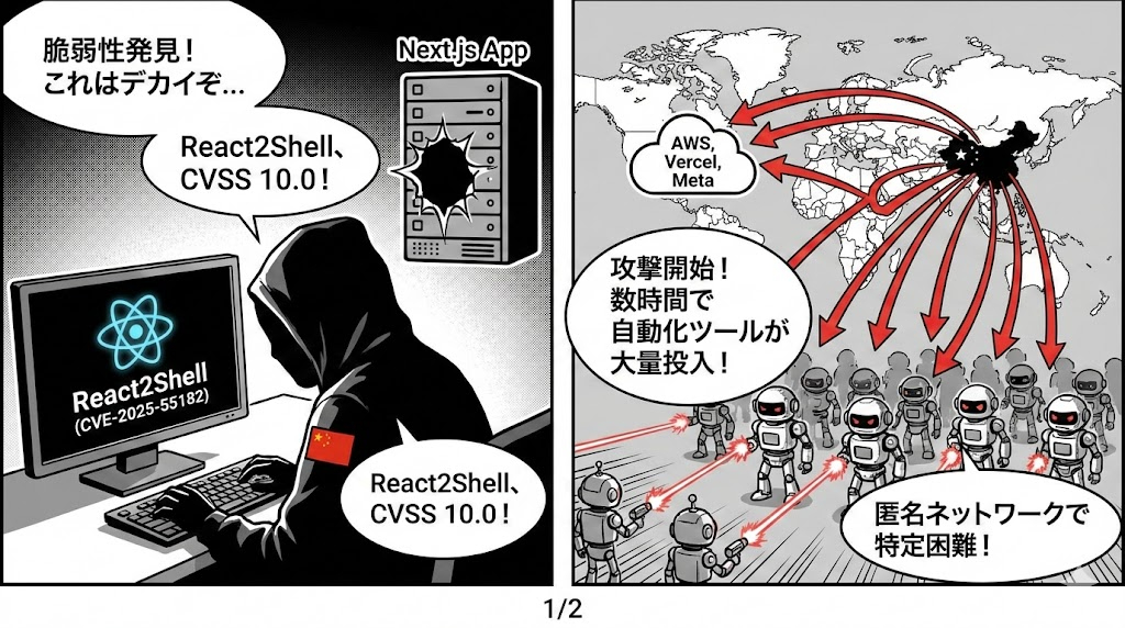 マンガ_Next.js狙い撃ち！　中国人ハッカーがReact2Shellを利用したサイバー攻撃　大量放置されているウェブサービスが標的へ01.jpg