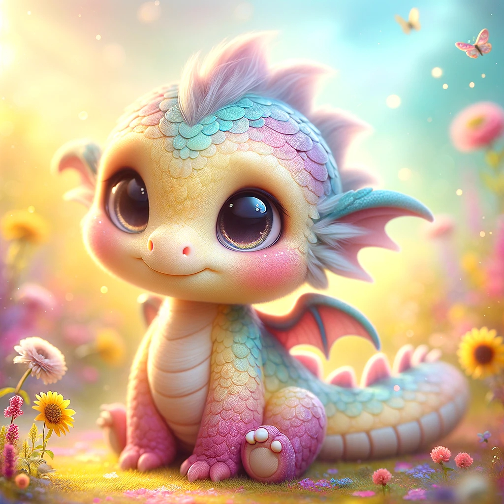 DALL·E 2023-11-18 20.34.16 - A cute and whimsical dragon, with large expressive eyes and a small, friendly smile. Its scales are soft pastel colors, blending shades of pink, blue,.png