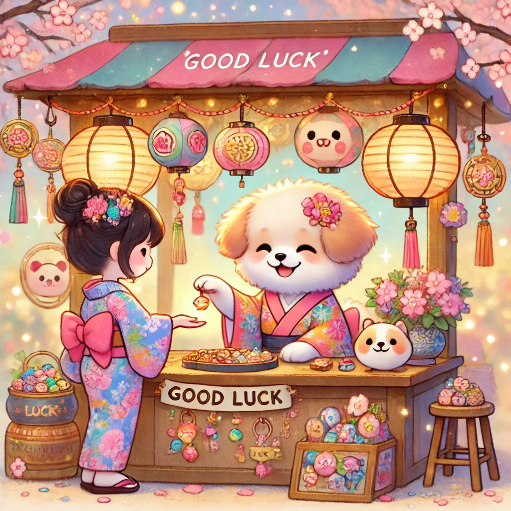 DALL·E 2024-10-24 21.20.13 - A cute and whimsical illustration of a 'good luck' service, featuring a cheerful, fluffy dog dressed in a colorful kimono, offering charms and fortune.jpeg