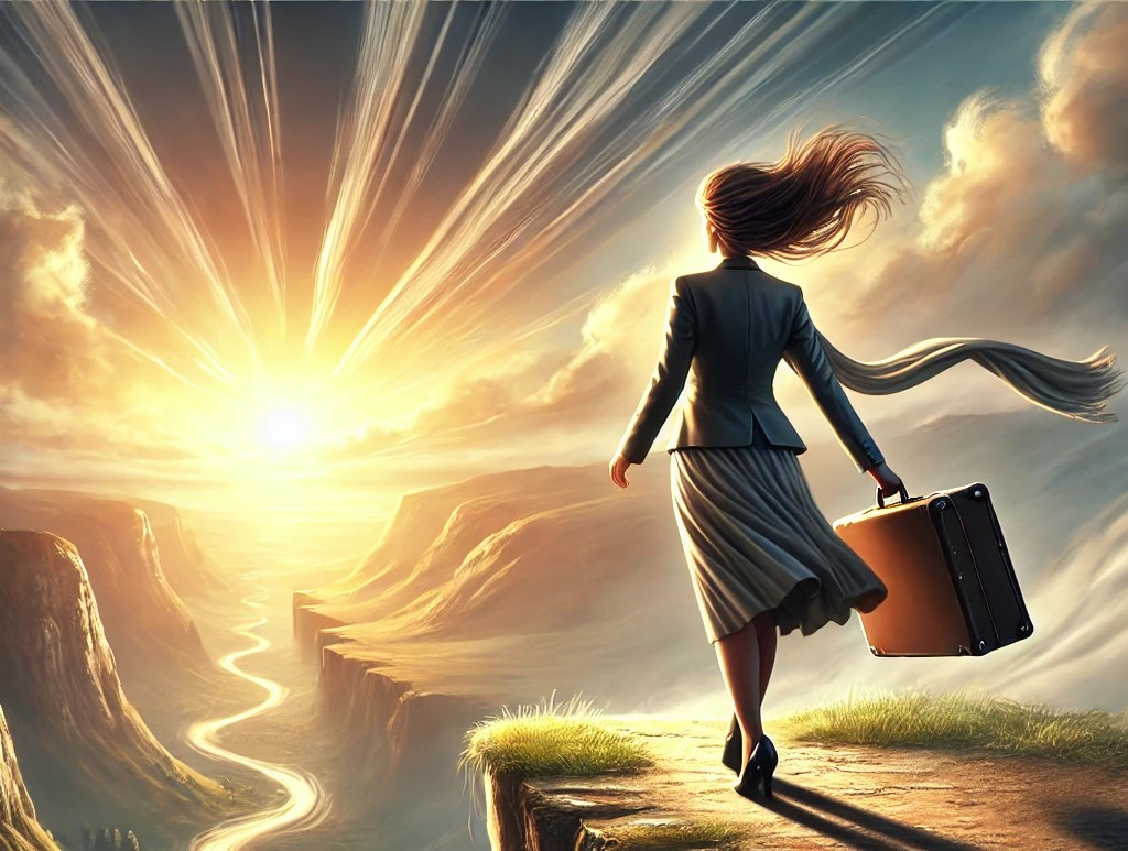 DALL·E 2025-07-31 19.22.35 - An inspiring and symbolic image of a woman preparing to take a bold step toward a new life. She stands at the edge of a cliff or a high ledge overlook.jpg