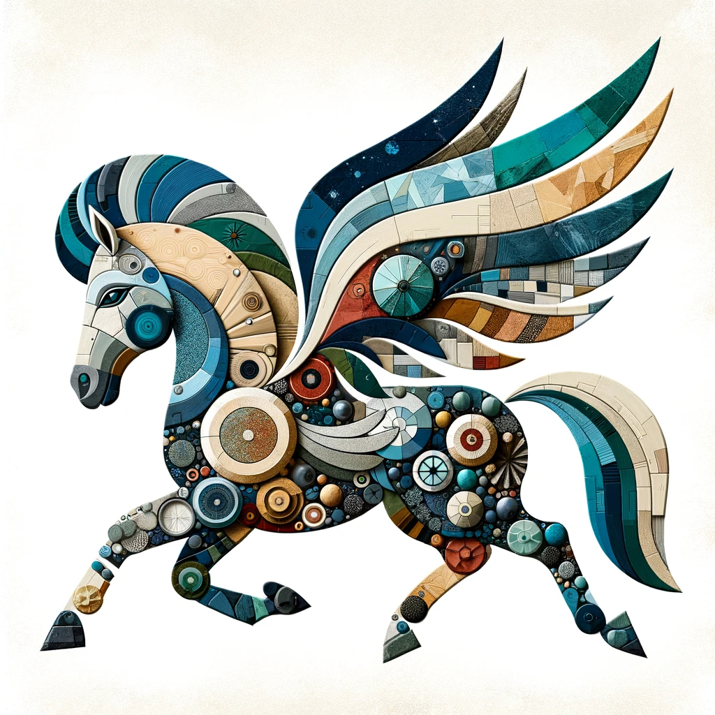 DALL·E 2023-11-25 18.34.14 - A collage style image of a Pegasus, created by combining different materials and images. The Pegasus is composed of various textures, colors, and shap.png