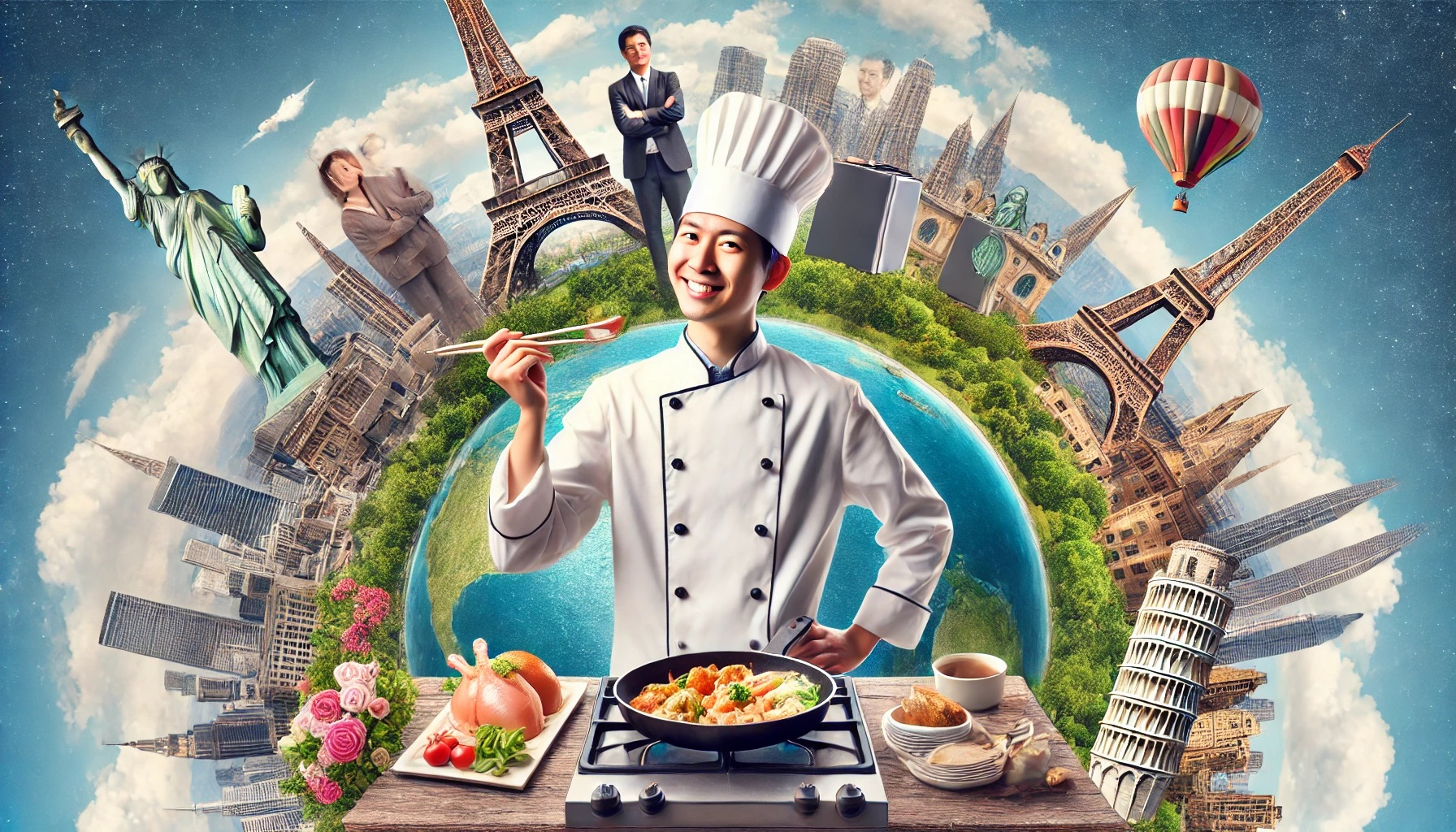 DALL·E 2024-07-02 23.10.02 - A high-quality image of a chef named Satoshi traveling around the world, cooking in various famous locations like the Eiffel Tower, the Great Wall of .jpeg
