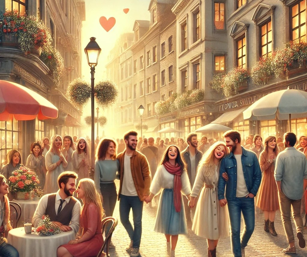 DALL·E 2025-04-28 23.12.07 - A lively and heartwarming city scene filled specifically with happy male-female couples and lovers. The streets are full of smiling men and women hold.jpg