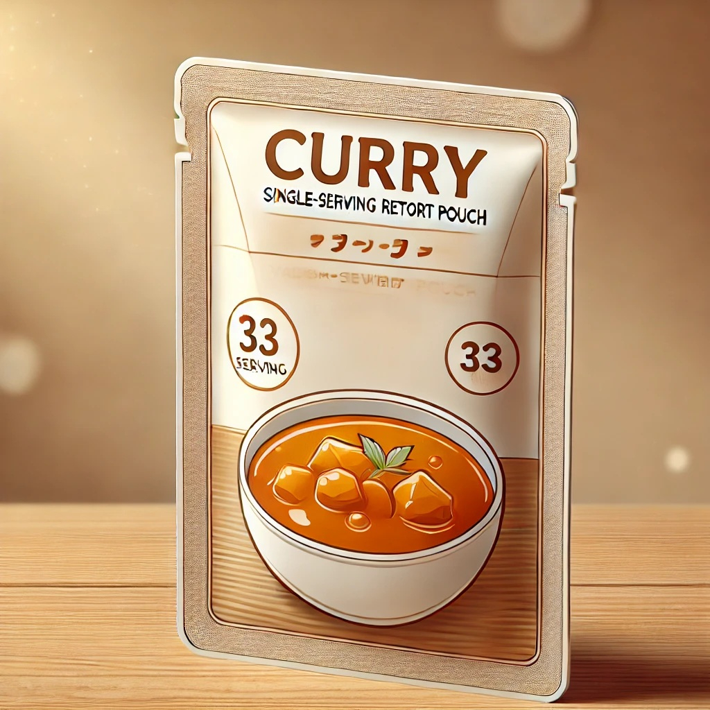 DALL·E 2025-02-12 08.48.05 - A papercraft-style illustration of a vacuum-sealed, single-serving retort pouch of curry. The packaging is detailed with realistic textures but contai.jpg