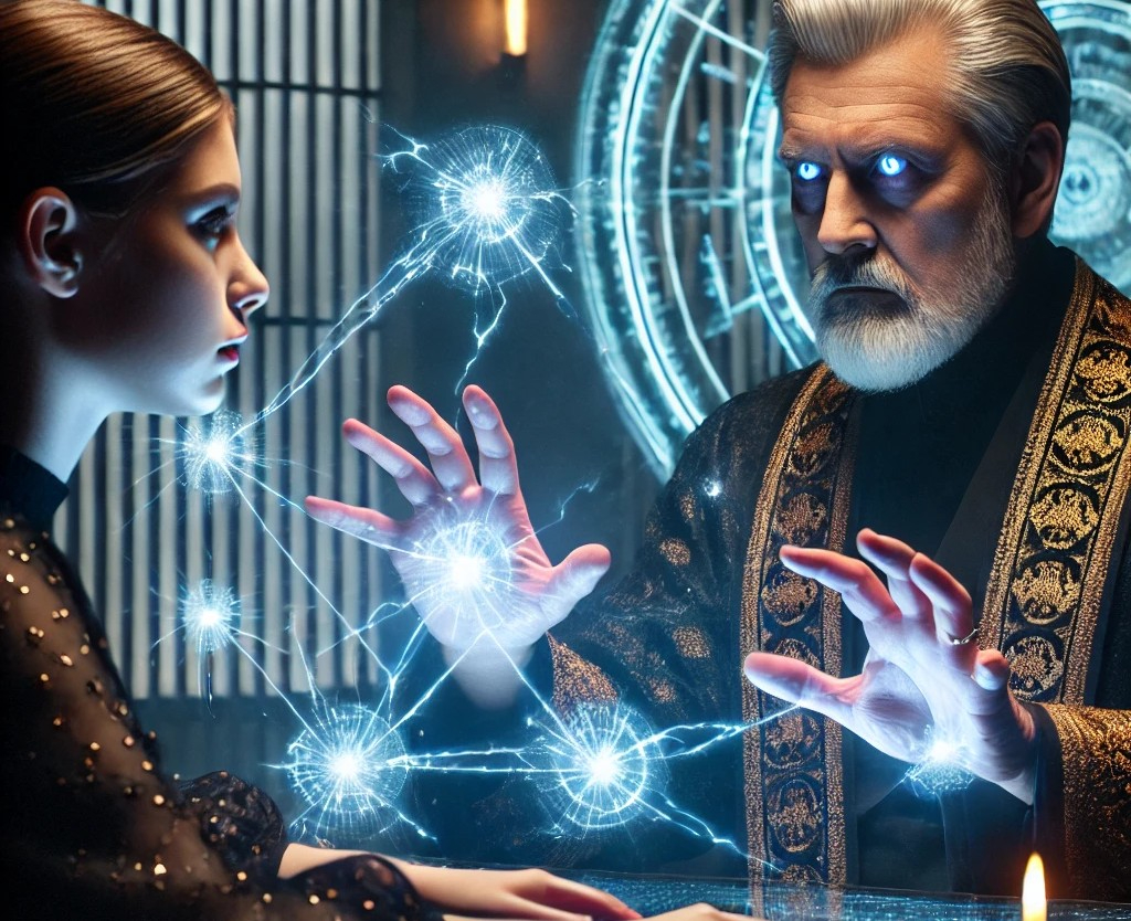 DALL·E 2025-05-12 22.44.43 - A dramatic scene where a young woman is undergoing a psychic ability test in a futuristic testing room. She looks focused, with her hands extended, at.jpg