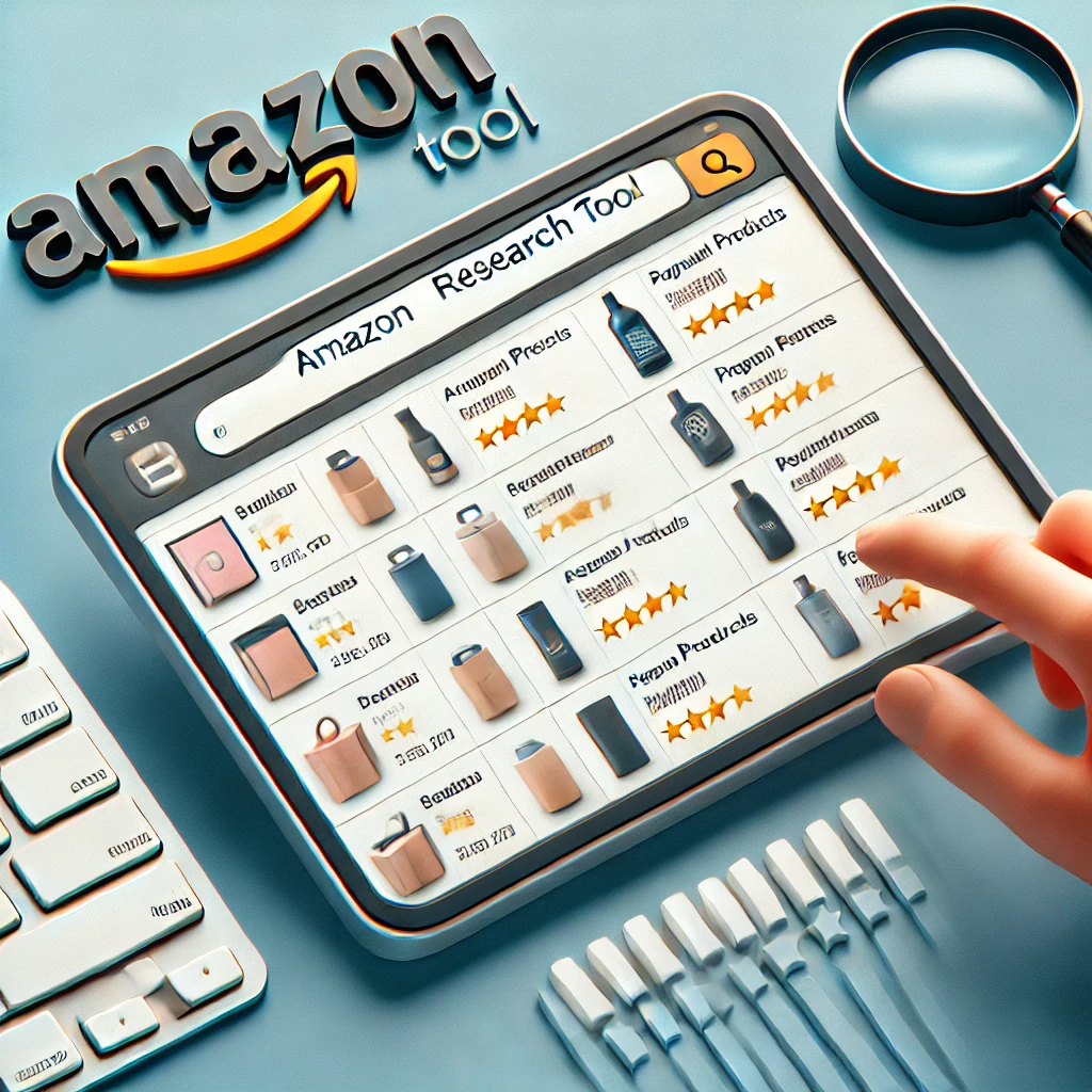 DALL·E 2024-07-08 12.41.17 - An image showing an Amazon research tool interface with a list of popular products. The image should include a search bar, product images, ratings, an.png