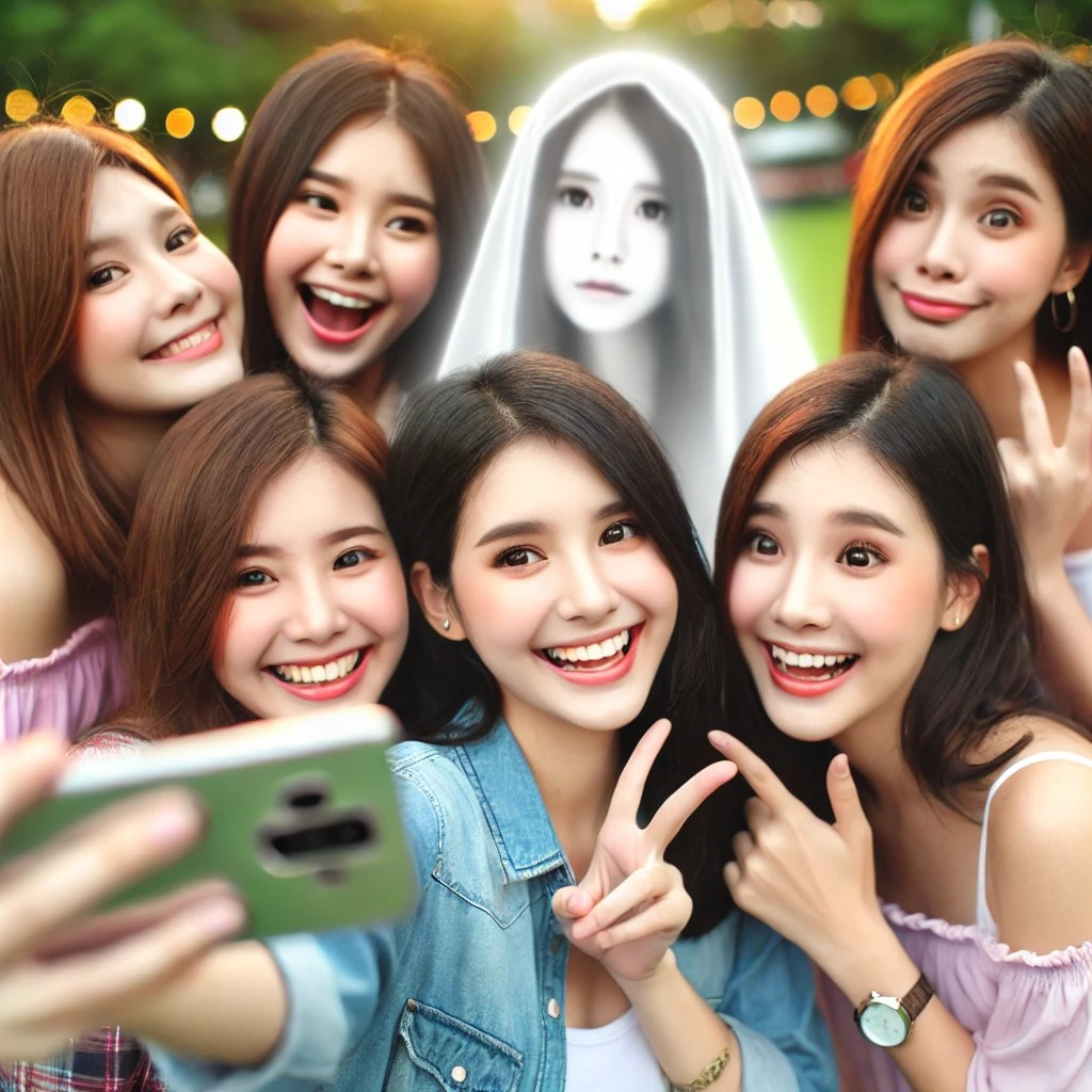 DALL·E 2025-07-12 10.47.04 - A group of cheerful young women taking a selfie together, smiling brightly in a well-lit outdoor setting like a park or festival. They are posing clos.jpg