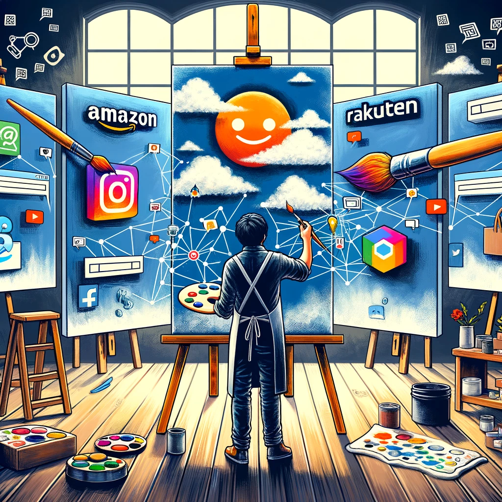 DALL·E 2024-03-25 09.05.13 - A creative illustration showing an artist painting a large canvas, where each section of the canvas represents a different online marketplace_ Amazon,.png