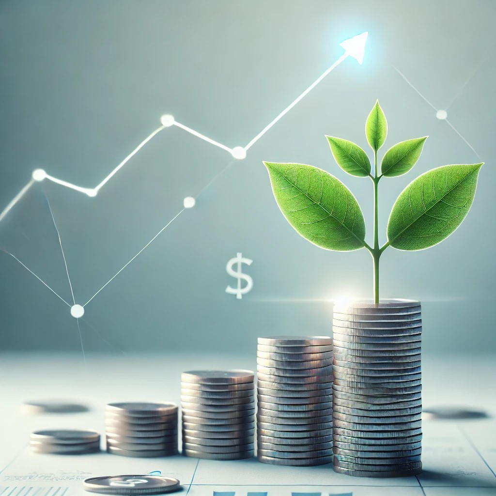 DALL·E 2024-10-28 11.28.35 - A conceptual image symbolizing business growth and success, featuring a small plant growing from a stack of coins, with a faint upward arrow in the ba.jpeg