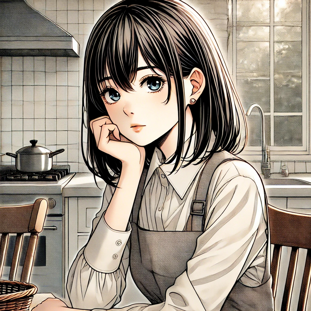 DALL·E 2024-12-23 14.35.49 - A manga-style illustration of a young woman sitting in a kitchen, appearing thoughtful and contemplative. She has straight black hair styled simply an.jpg