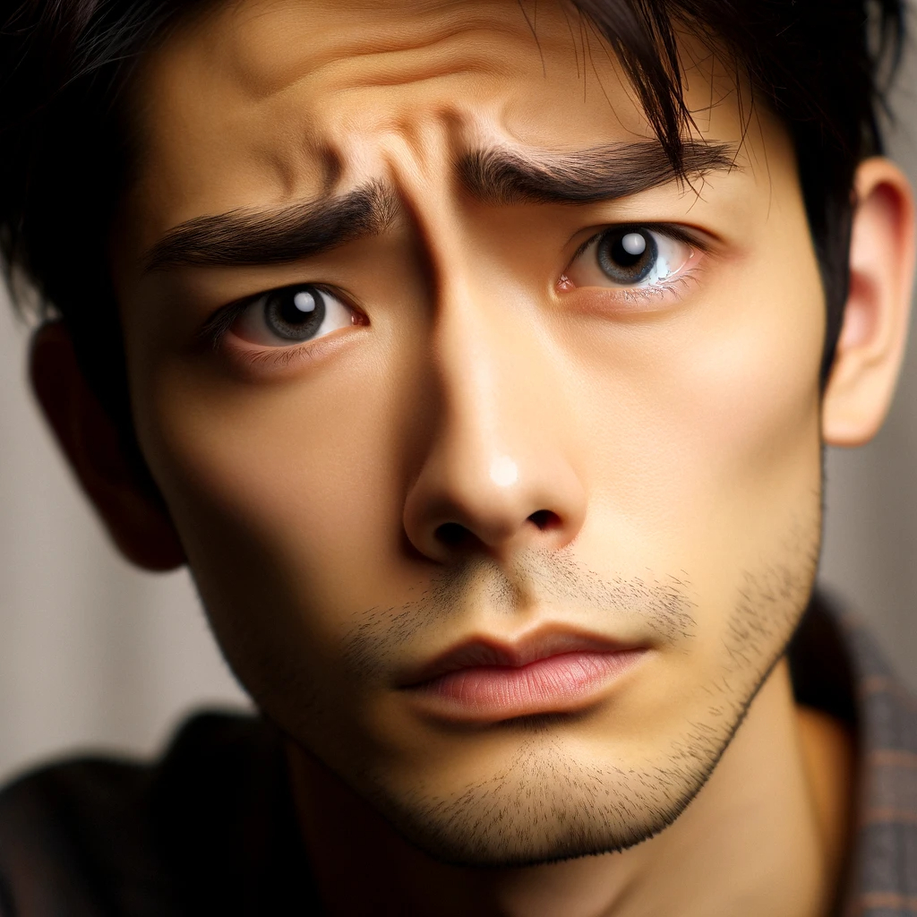 DALL·E 2024-02-06 10.32.58 - A close-up of a younger-looking Japanese man in his early 30s showing a concerned expression. His eyebrows are slightly raised, and his eyes convey a .png