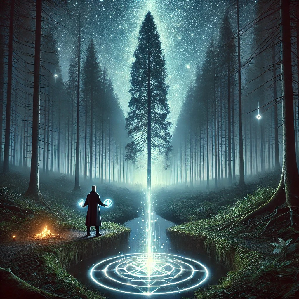 DALL·E 2025-04-25 04.18.59 - A mystical and cinematic forest scene inspired by a real landscape. In the center of the image stands a tall tree, positioned like a natural antenna, .jpg