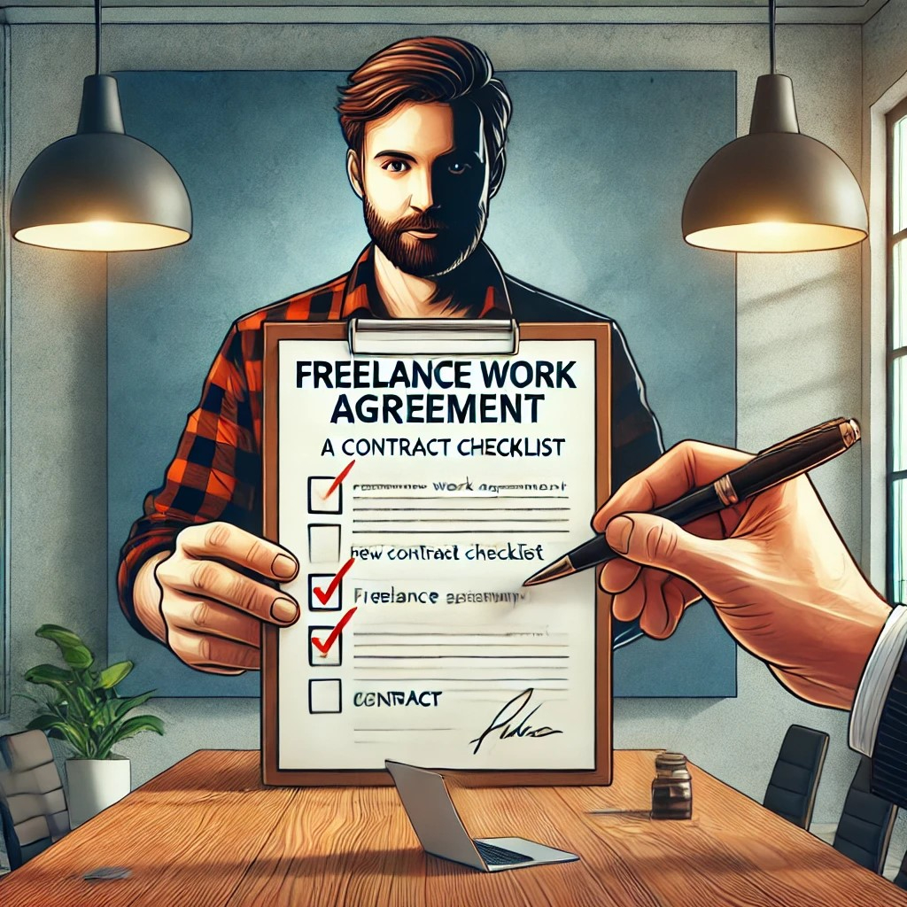 DALL·E 2024-10-21 17.07.29 - An illustration of a professional meeting where a businessperson is presenting a 'Freelance Work Agreement' with a pen and a contract checklist, symbo.jpeg