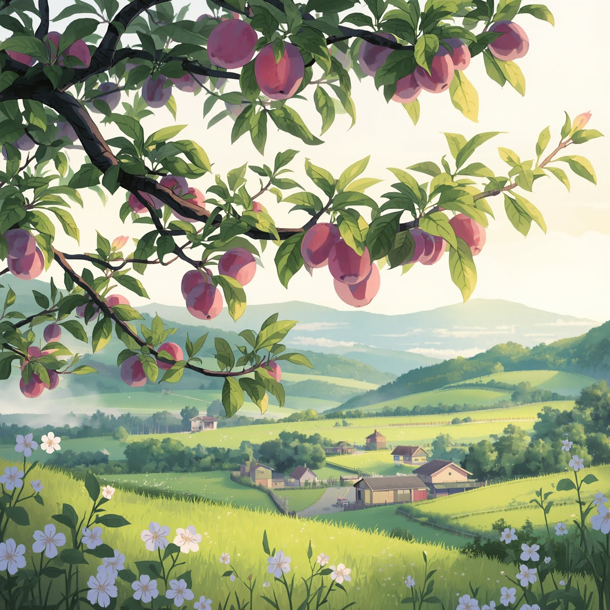 二十四節気の「芒種」をテーマにした和風のイラスト。梅の実が実り、初夏の柔らかな光が差し込む日本の田園風景。文字やサインは一切入れないでください。_20260605_223005_0000.png