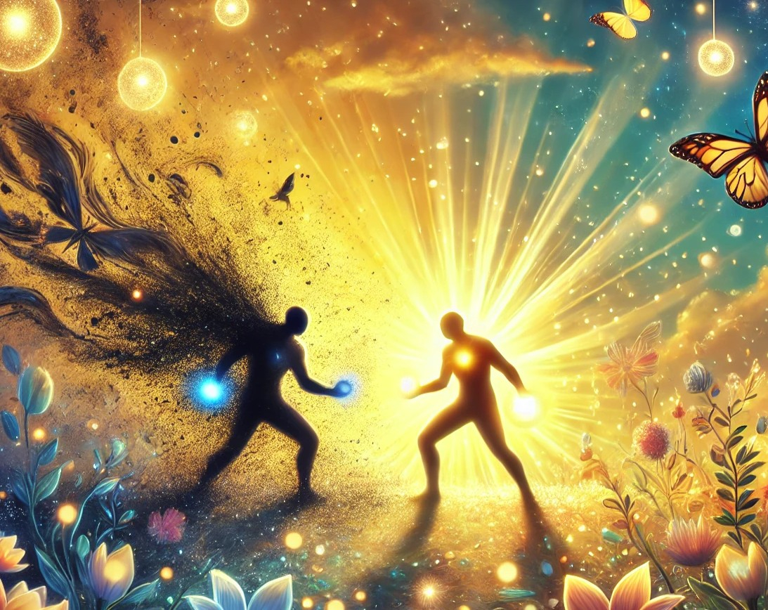 DALL·E 2025-07-30 11.45.06 - A bright, dreamlike scene representing an internal battle between two versions of the same person—one being the shadowy, negative past self, and the o.jpg