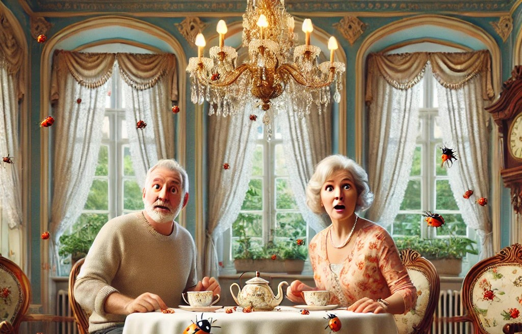 DALL·E 2025-04-26 04.04.07 - A charming and whimsical scene inside a castle's elegant tea room. A 40-something couple is seated at a vintage table enjoying afternoon tea. The room.jpg