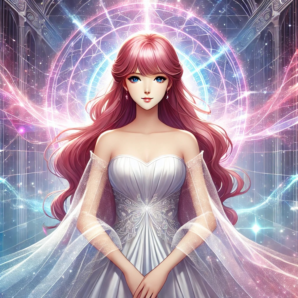 DALL·E 2025-02-06 21.53.20 - A sophisticated anime-style illustration of a young woman with elegant pink hair standing in a glowing, mystical energy field. She has a serene and co.jpg