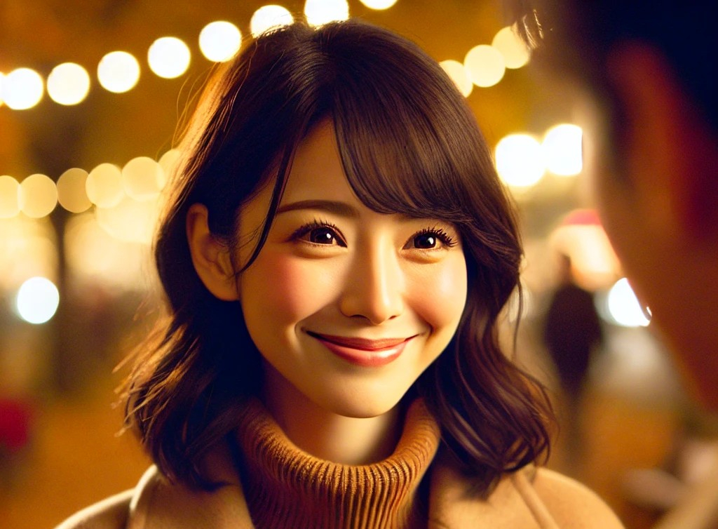 DALL·E 2025-05-21 10.59.04 - A 30-something Japanese woman standing in a softly lit park during the evening, looking happy and slightly shy as she has just been confessed to by a .jpg