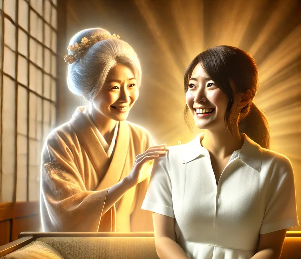 DALL·E 2025-08-27 15.33.27 - A photorealistic and slightly mystical image of a Japanese woman in her 30s who has just found a solution to a problem, looking joyful and relieved. S.jpg