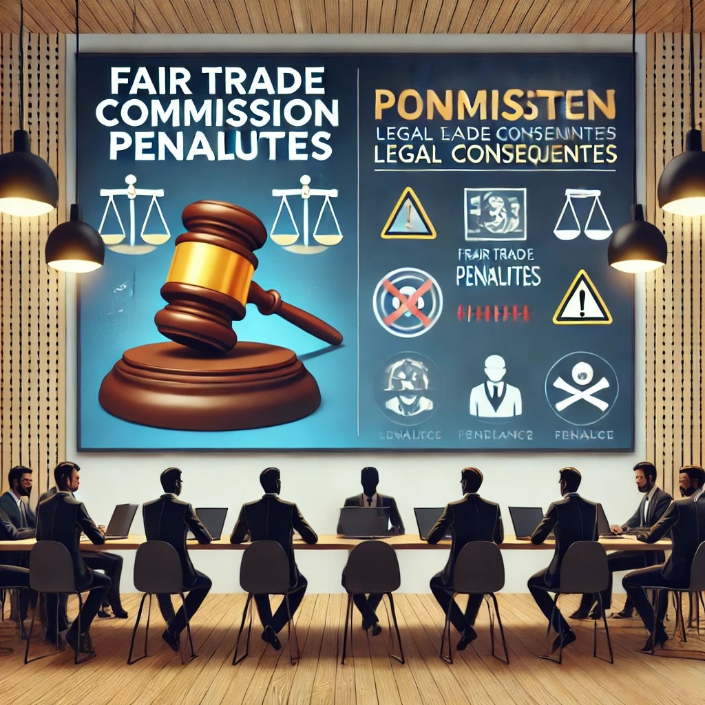 DALL·E 2024-10-21 23.25.14 - An illustration of a business meeting with a presentation screen showing 'Fair Trade Commission Penalties,' with warning icons and a gavel, symbolizin.jpeg