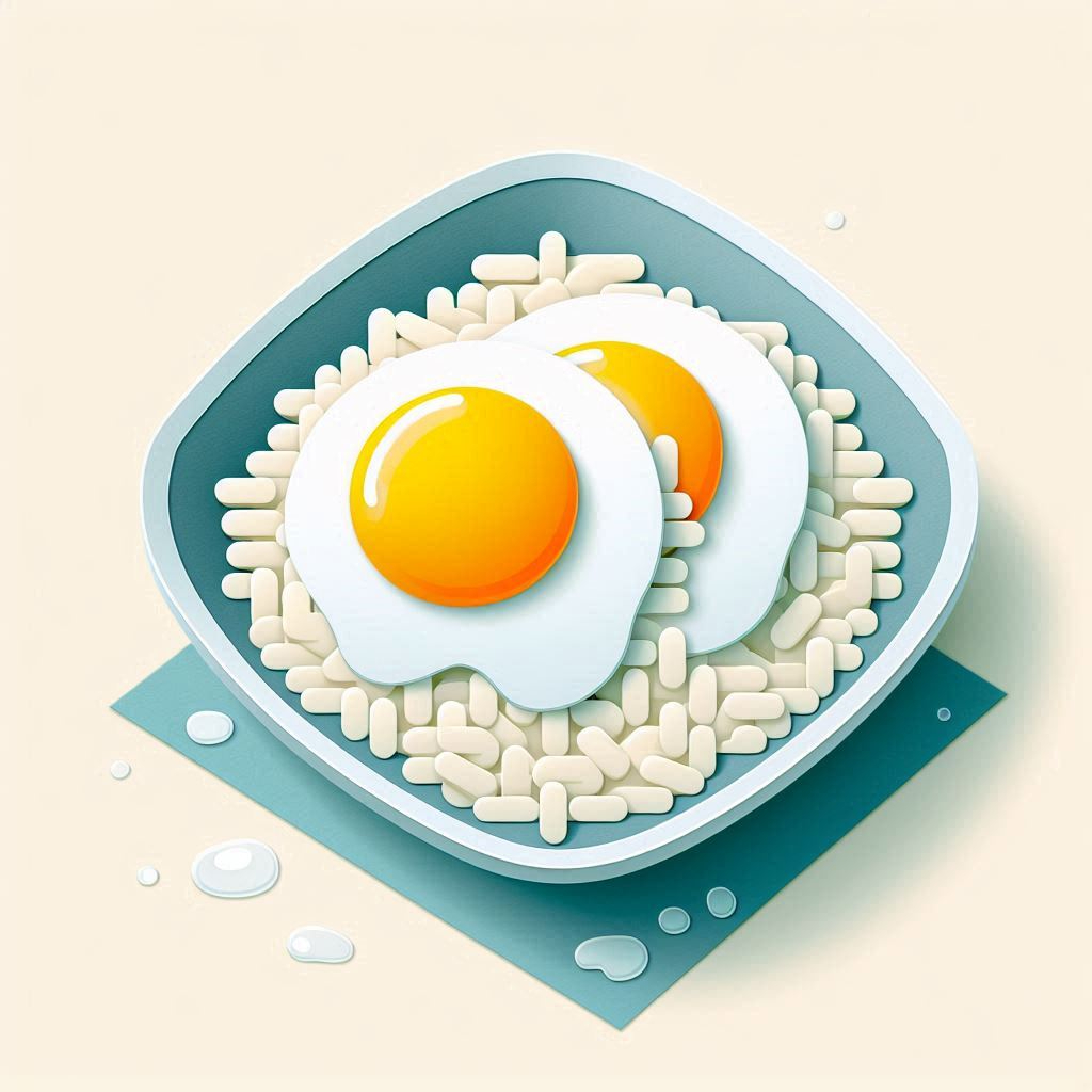 An illustration of rice with raw egg on top in a paper craft style without any text (1).png