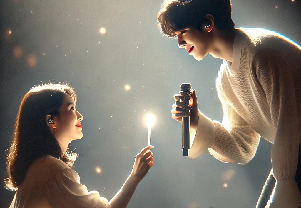 DALL·E 2025-05-19 21.53.00 - A heartfelt scene of a female fan and a male idol facing each other in a soft spotlight, as if the rest of the world fades away. The fan, a woman in h.jpg