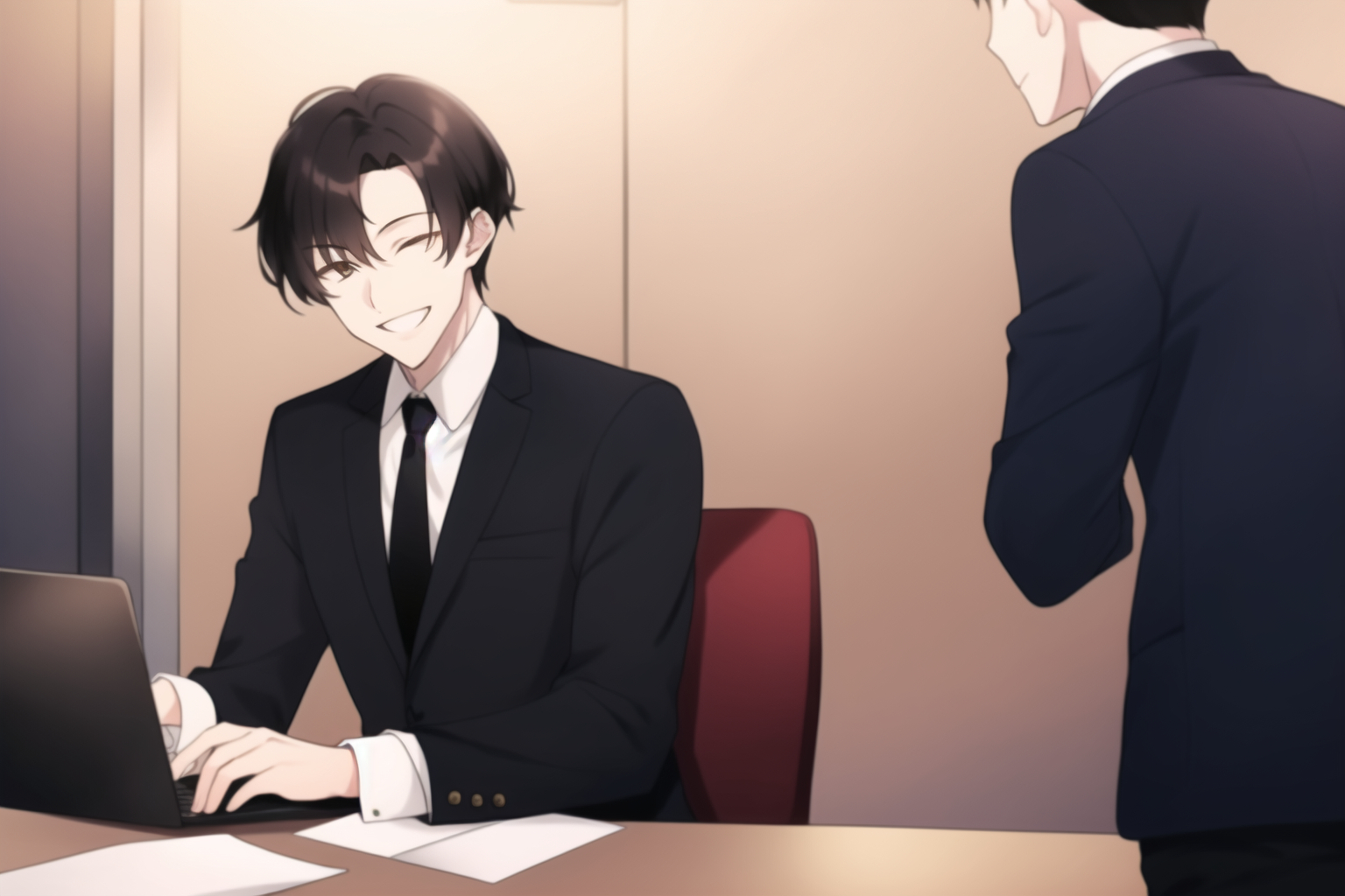 1boy is bowing, 1girl, talking, thank you, suit, office,  laptop,  smile, respec s-3356165688.png