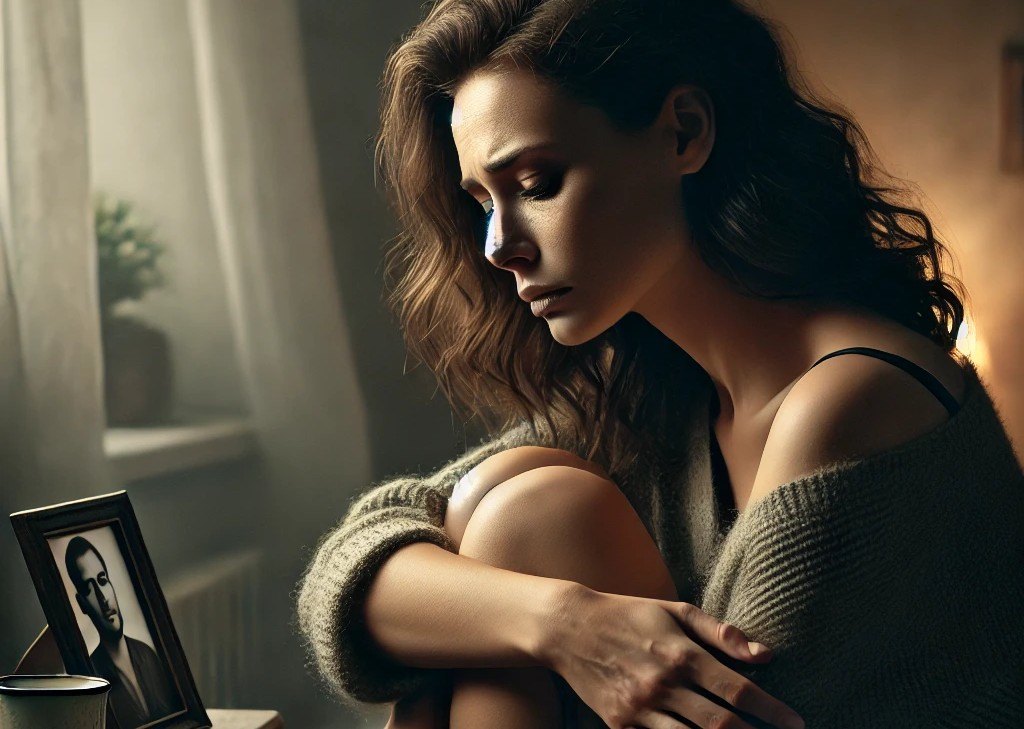 DALL·E 2025-05-18 22.43.44 - A somber and emotional scene of a woman in her 30s sitting alone in a quiet, softly lit room, looking heartbroken and lost in thought. She is holding .jpg