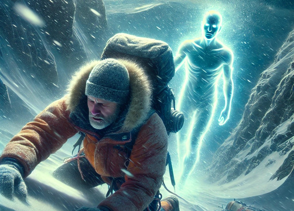 DALL·E 2025-06-11 19.00.49 - A mysterious and spiritual scene in a snowy mountain landscape. A lone mountaineer in winter gear is struggling during an intense snowstorm. Behind th.jpg