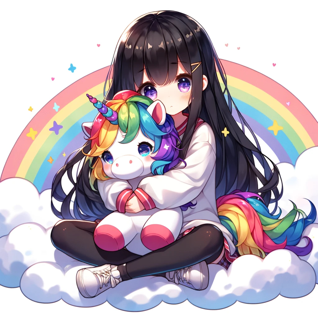 DALL·E 2023-10-27 18.00.08 - Anime-style illustration of a young girl with black hair, sitting on a cloud, tightly embracing a vibrant unicorn stuffed toy with a rainbow mane and .png