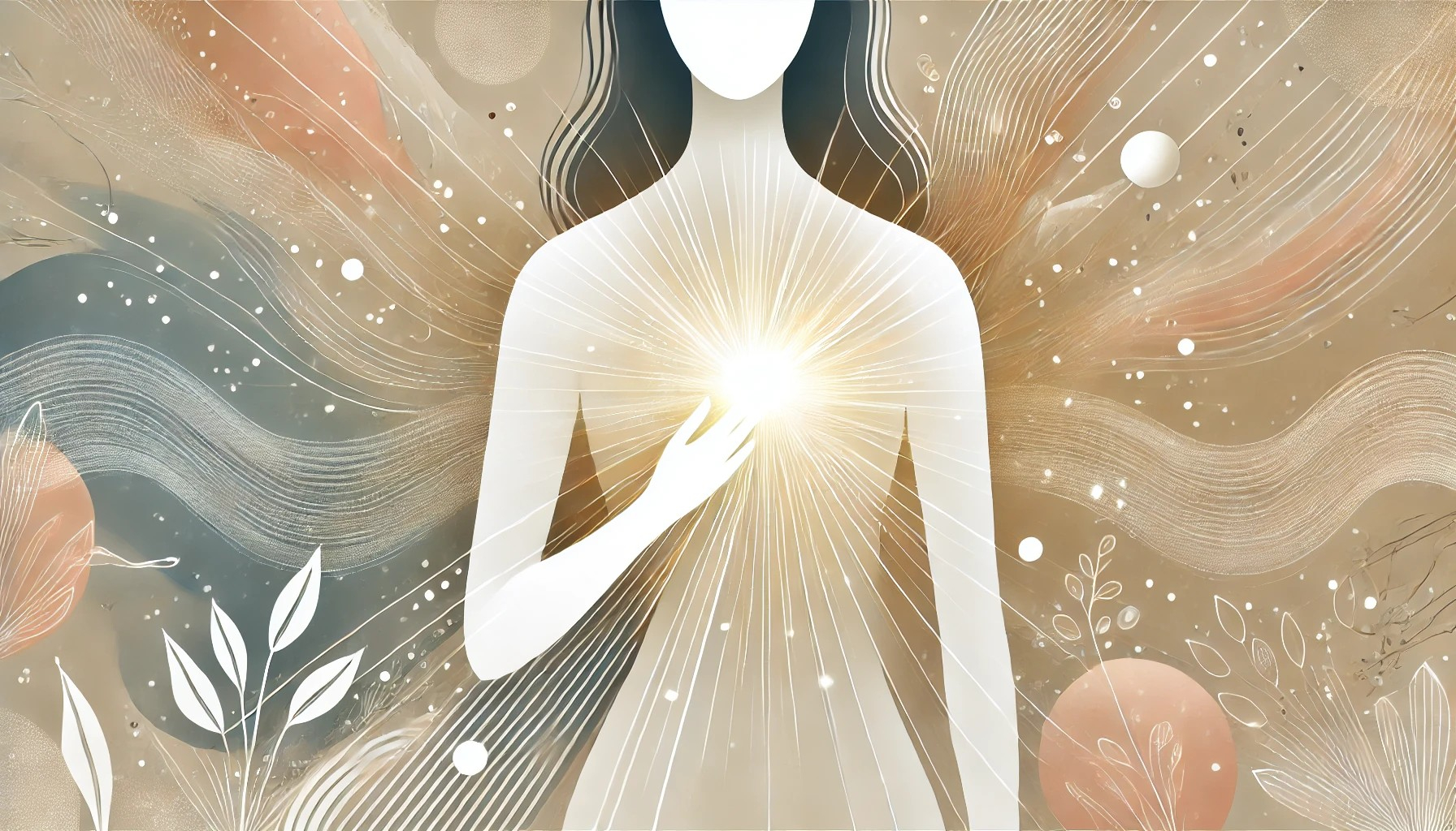 DALL·E 2024-12-20 21.38.38 - A wide, horizontal, stylish illustration depicting a soft, glowing light radiating from the chest of a person. The surrounding chaotic energy is gradu.jpg