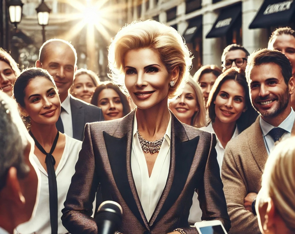 DALL·E 2025-04-17 01.37.59 - A powerful and charismatic scene showing a wealthy CEO radiating a strong, confident aura. The CEO, a well-dressed woman in her 50s, stands in the cen.jpg