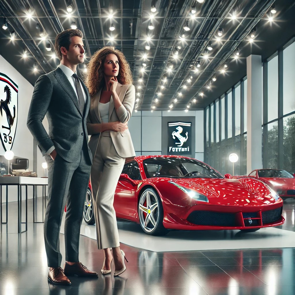 DALL·E 2025-07-22 18.22.53 - A stylish and aspirational scene of a well-dressed couple in a modern Ferrari showroom. The couple, in their 40s or 50s, stands side by side, admiring.jpg