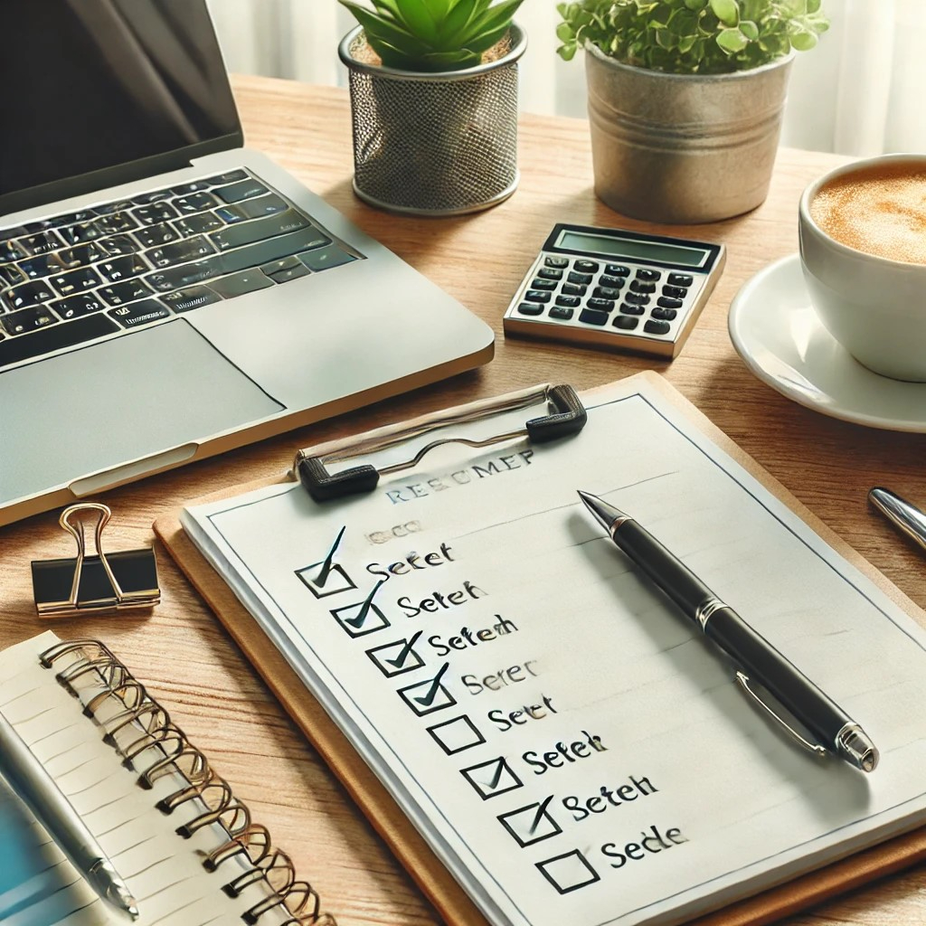 DALL·E 2024-10-28 22.32.53 - An image showing a workspace with a checklist, pen, and laptop, symbolizing preparation steps for a successful side business. The scene is bright, org.jpeg
