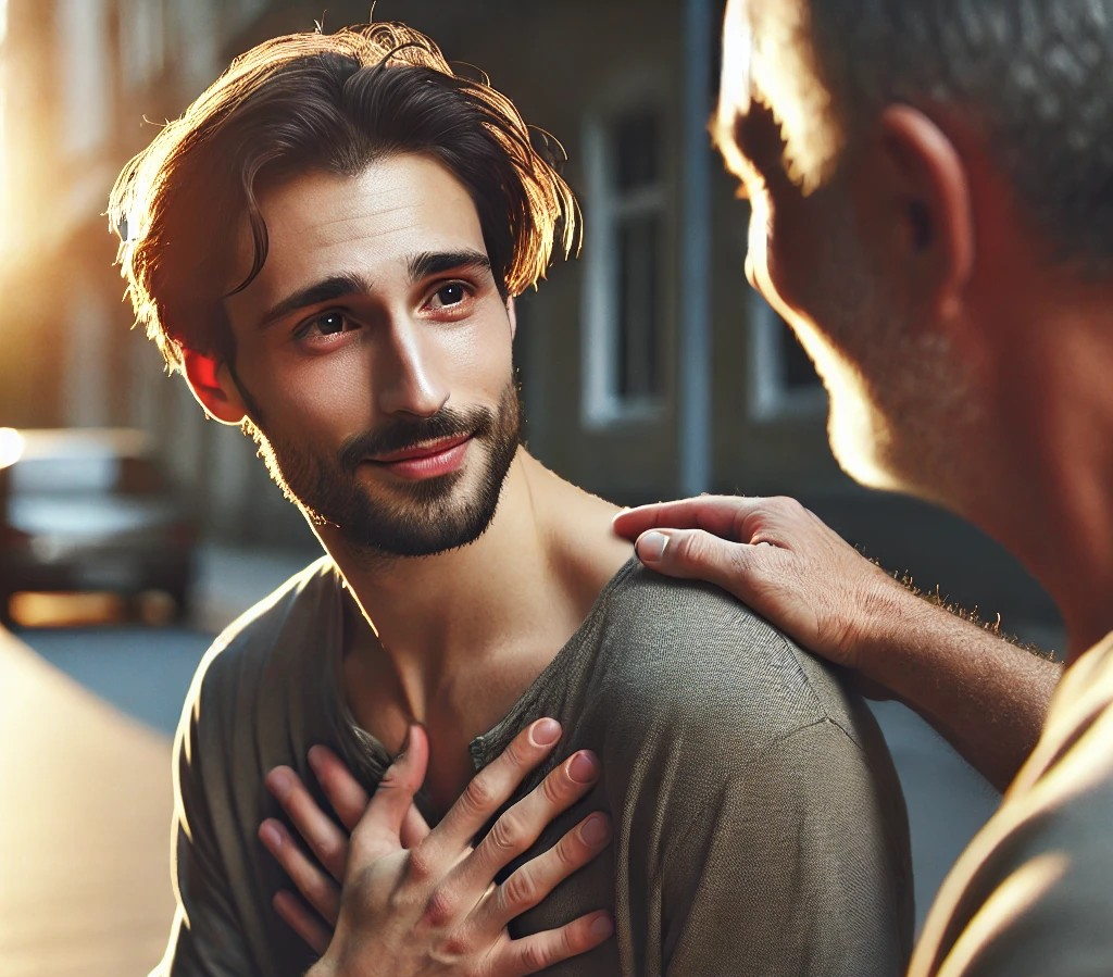 DALL·E 2025-07-30 13.23.25 - A touching and emotional scene showing a person expressing gratitude after being helped by someone. The setting could be a quiet park, a peaceful hosp.jpg