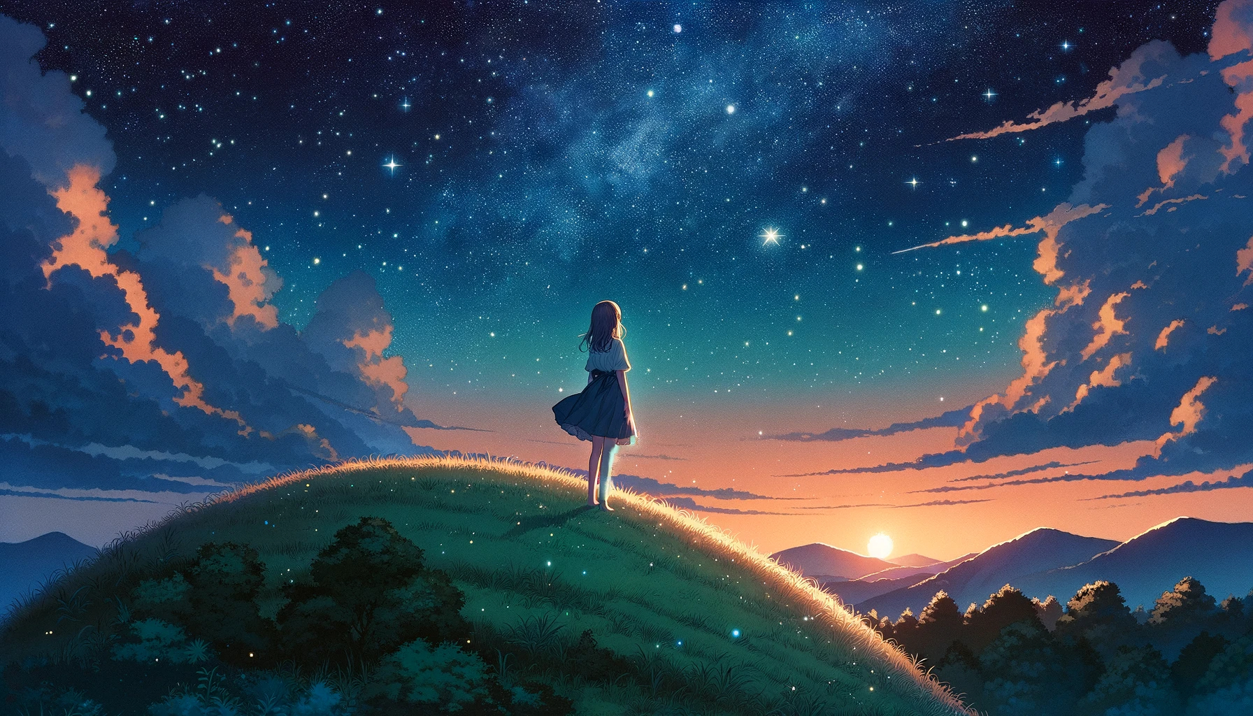 DALL·E 2023-11-07 18.02.34 - Craft a wide, enchanting illustration suitable for a romantic manga, depicting a young girl gazing up at the sky from atop a gentle hill. The sky shou.png