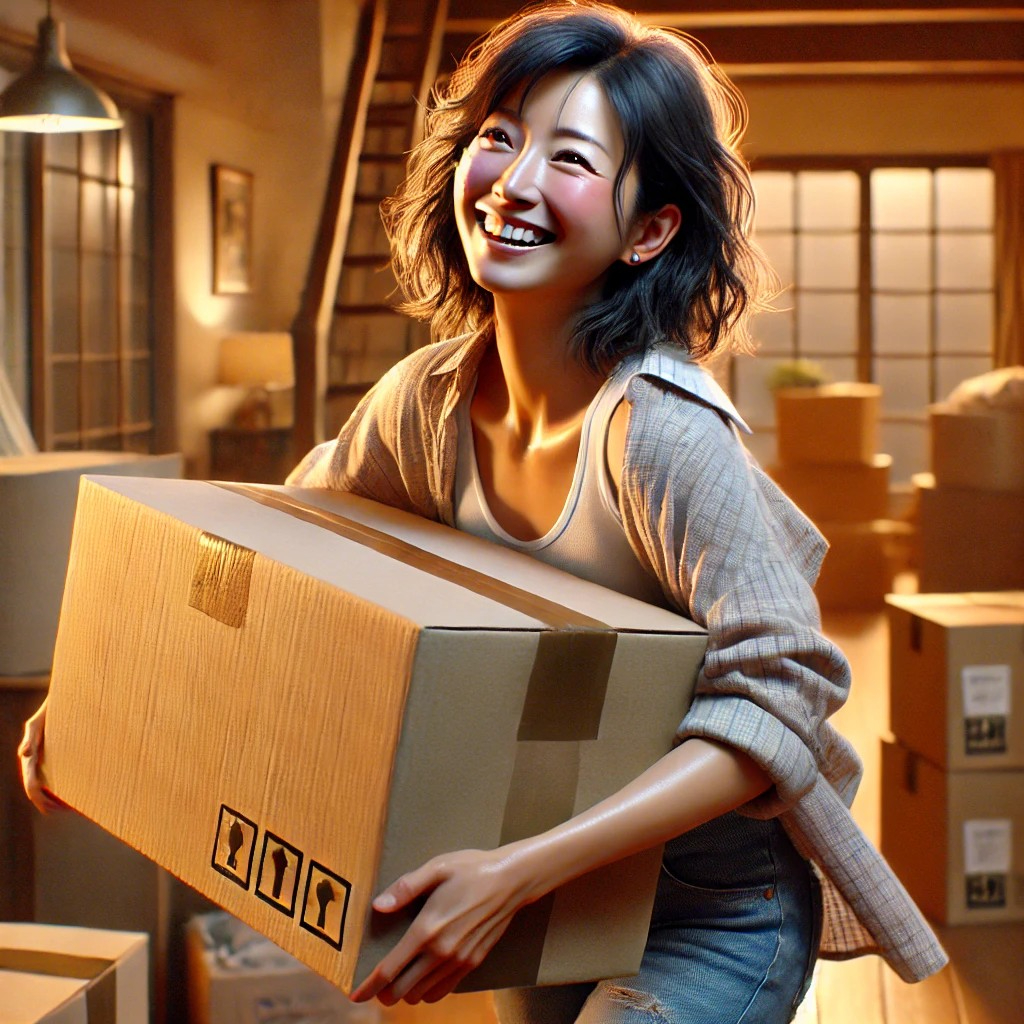 DALL·E 2025-09-04 14.07.17 - A photorealistic image of a cheerful Japanese woman in her 50s, dressed in casual Western-style clothing, carrying a large cardboard box while moving .jpg
