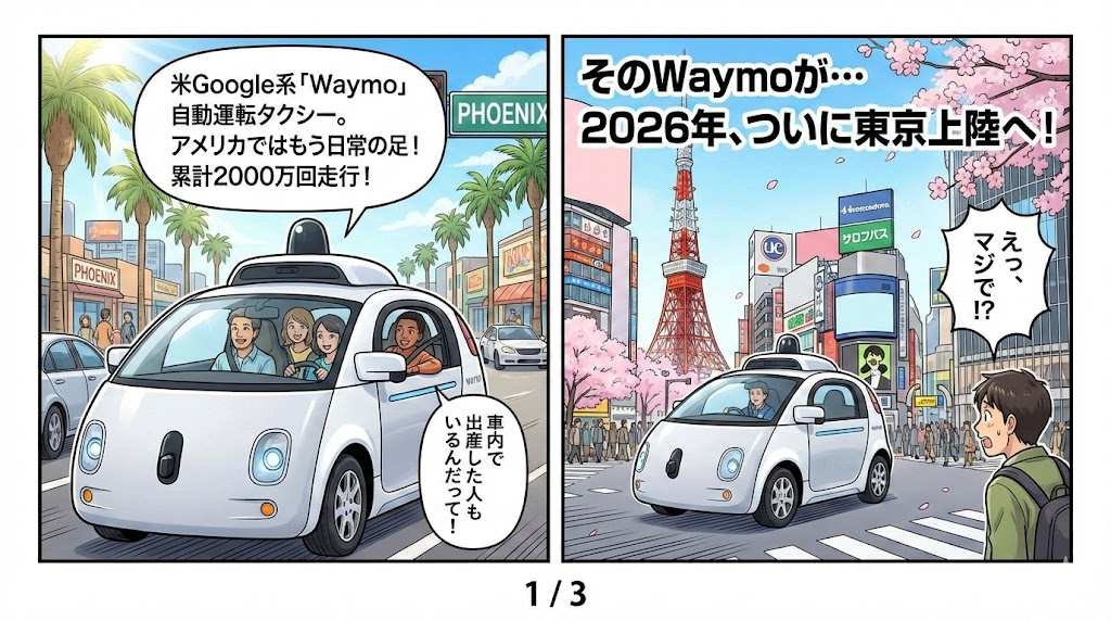 マンガ_東京でロボタクシーが走るぞ！　GoogleのWaymoが初めての海外進出！01.jpg
