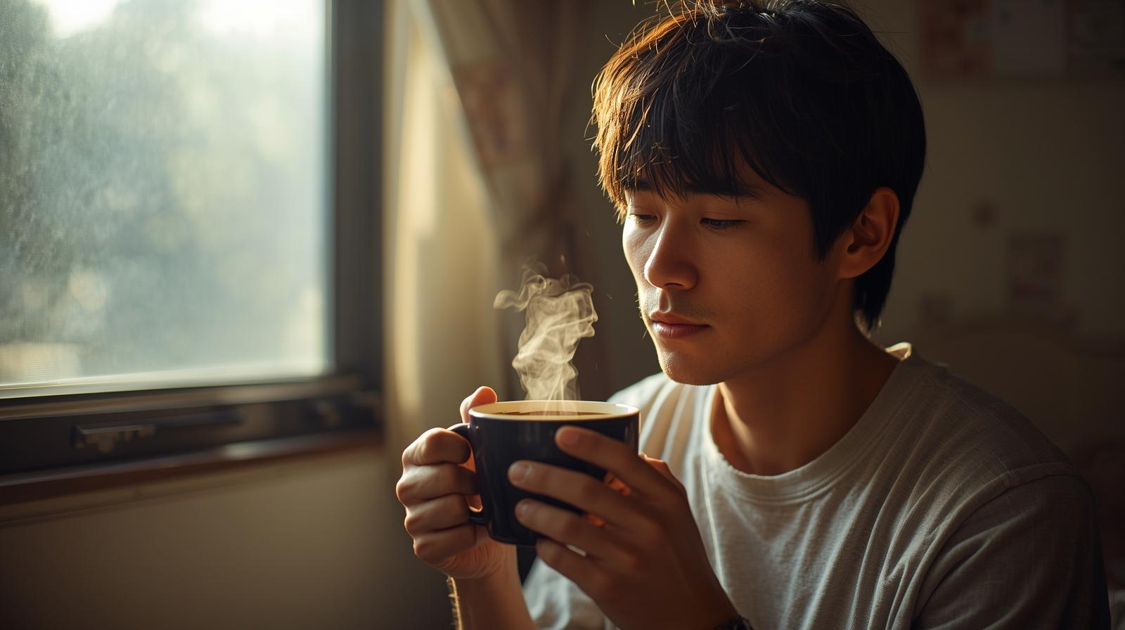 寝起きにコーヒーを飲んでんいる日本人男性.jpg