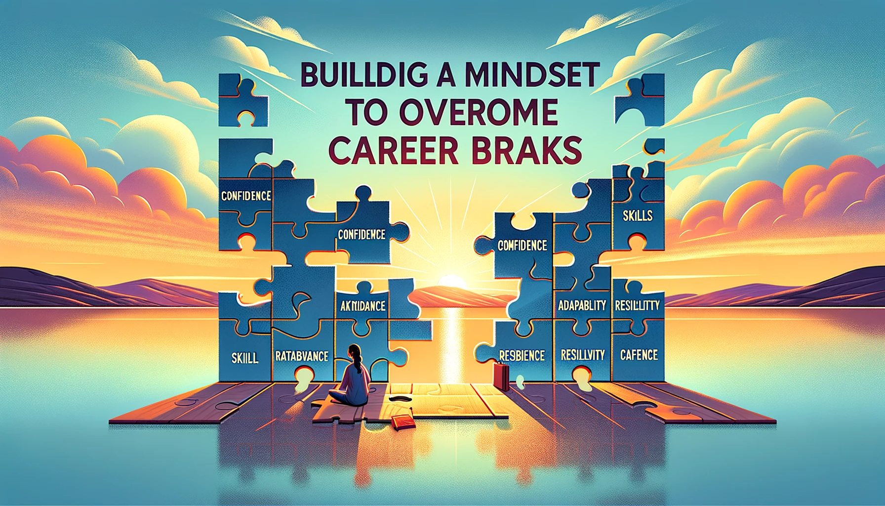 DALL·E 2023-12-01 12.22.59 - A motivational thumbnail for a blog article titled 'Building a Mindset to Overcome Career Breaks'. The image depicts a metaphorical scene with puzzle .png