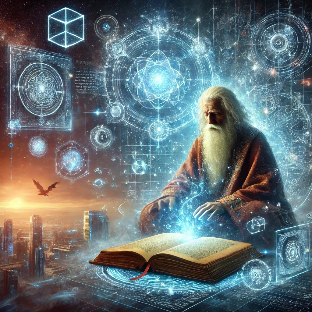 DALL·E 2025-07-22 17.52.28 - A surreal and symbolic image showing that future technology is merely a recollection or reflection of ancient psychic abilities. In the foreground, a .jpg