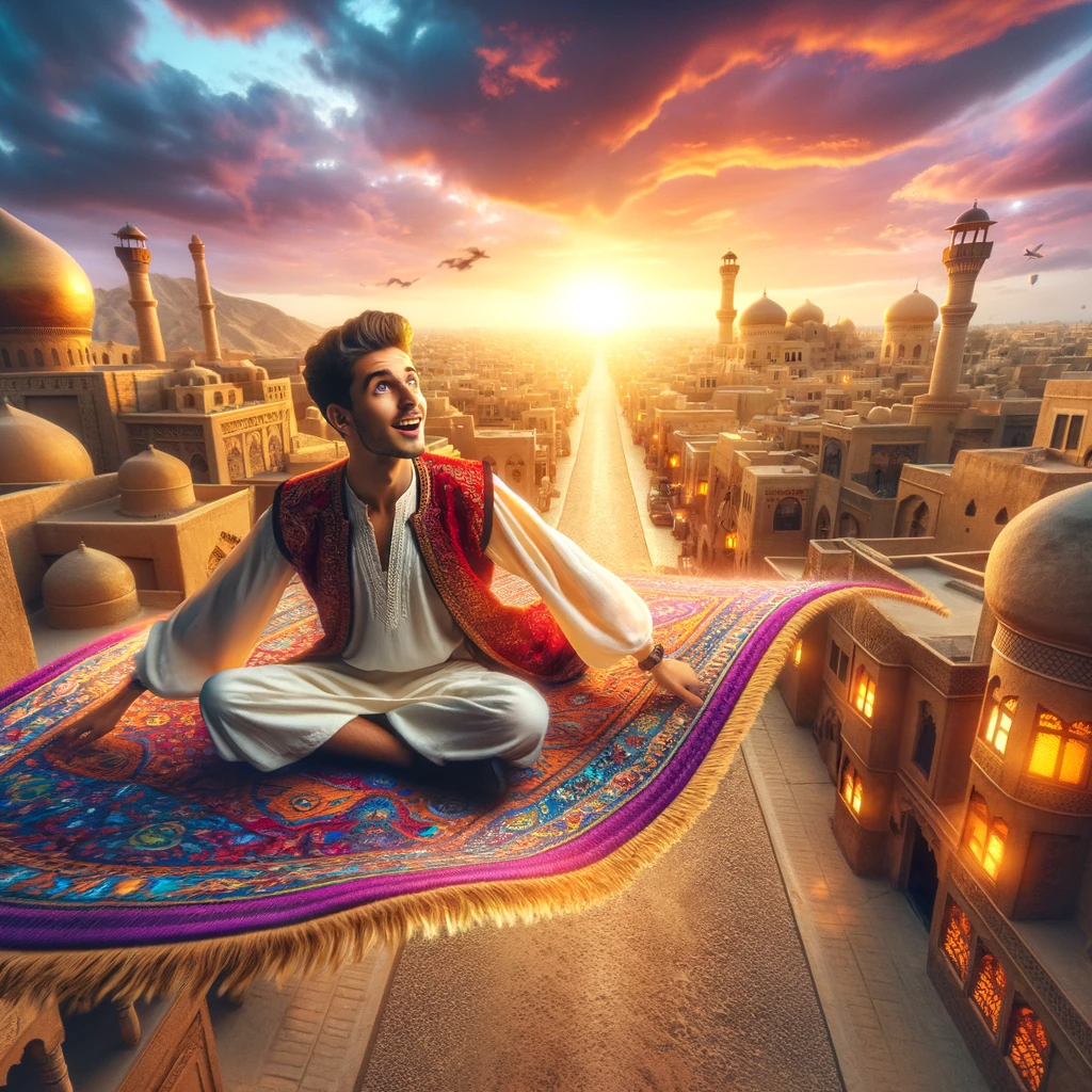 DALL·E 2023-11-22 18.11.55 - An adventurous Middle-Eastern young man flying on a magical carpet above an ancient Arabian city at sunset. The city is filled with golden-hued buildi.png