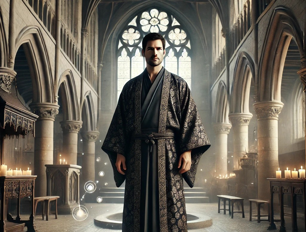 DALL·E 2025-04-22 08.53.27 - A realistic depiction (non-painterly) of a dignified male psychic wearing a traditional Japanese kimono inside a European medieval-style castle. The m.jpg