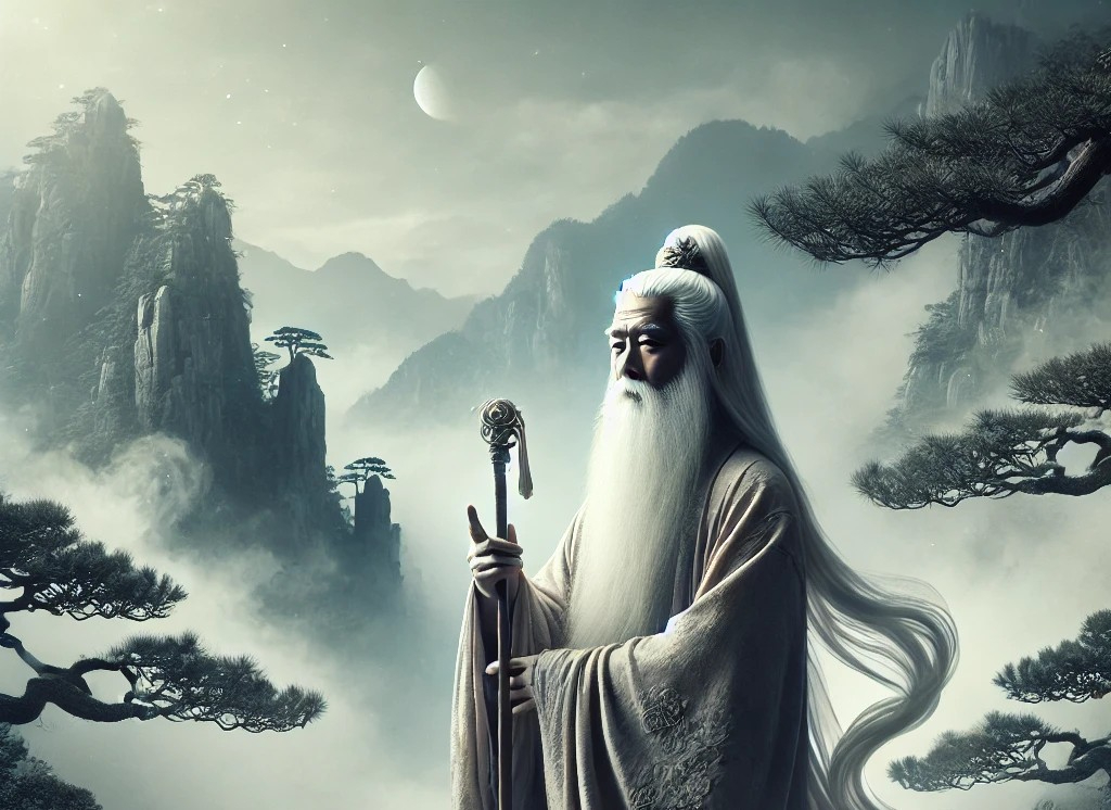 DALL·E 2025-05-09 07.19.26 - A mystical and serene image of a traditional sage-like hermit, or '仙人' (sen-nin), standing on a misty mountain peak. The仙人 has a long white beard, flo.jpg