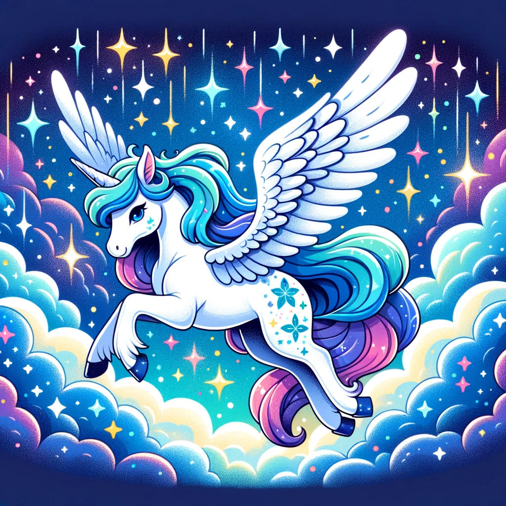 DALL·E 2023-11-25 18.32.52 - An illustration-style image of a mystical blue and white Pegasus soaring under a vibrant starry sky. The style is reminiscent of animation or children.png