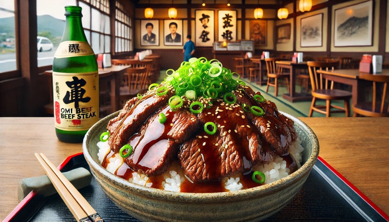DALL·E 2024-07-04 19.07.37 - A high-quality image of a bowl of Omi beef steak don served at Omi-ya in Taga Service Area, featuring thick slices of Omi beef steak on top of rice, g 大.jpeg