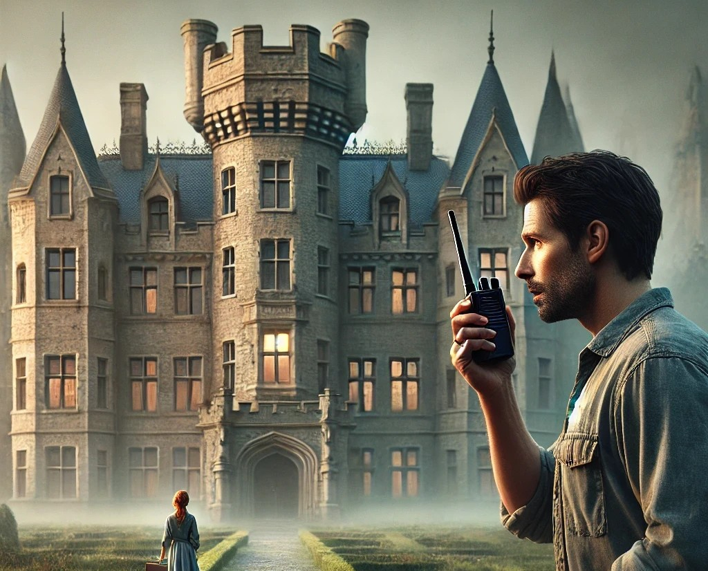 DALL·E 2025-04-23 04.41.13 - A realistic and atmospheric scene around a large European-style castle in the early evening. A married couple is interacting from a distance. The wife.jpg