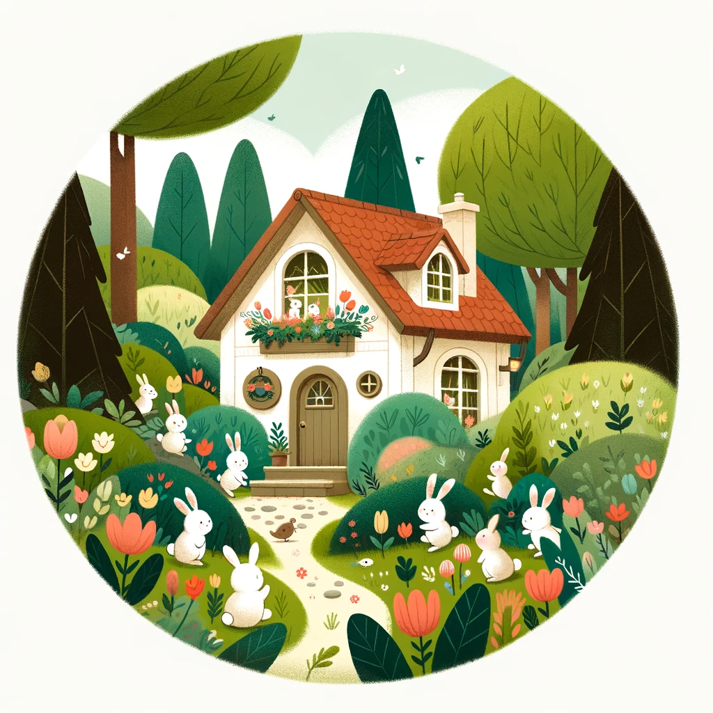 DALL·E 2024-02-18 17.03.33 - In a beautiful corner of the forest there is a house where a family of rabbits lives This illustration is part of a picture book for infants featuring the same spring morning setting .jpeg
